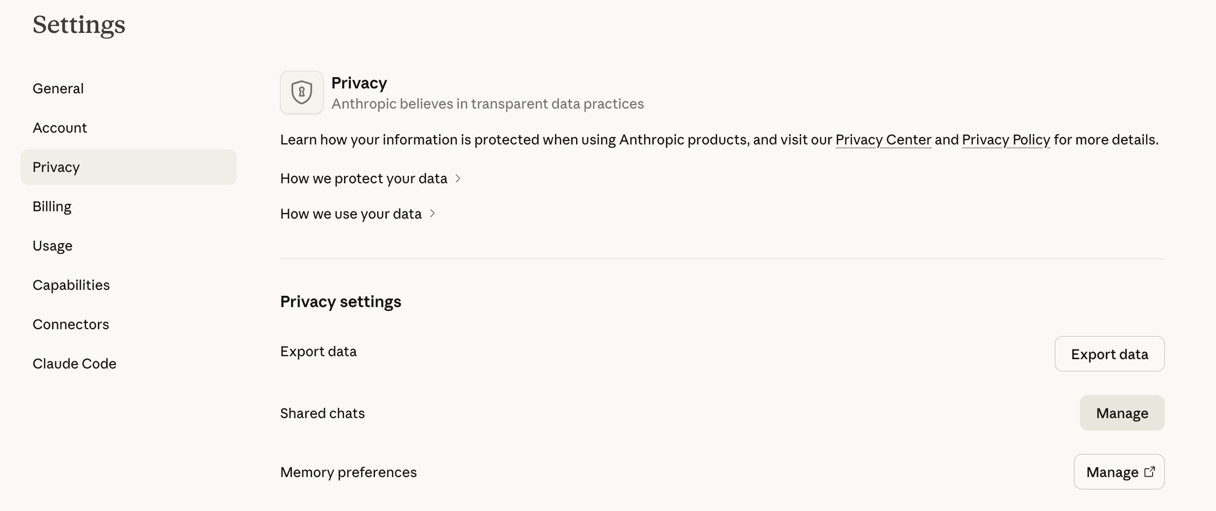 Claude's Privacy settings show a Shared chats management control. This official support screenshot does not reproduce any exposed user conversation.