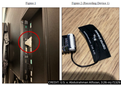 DOJ image showing the recording device found behind a television in an OpenAI executive conference room.